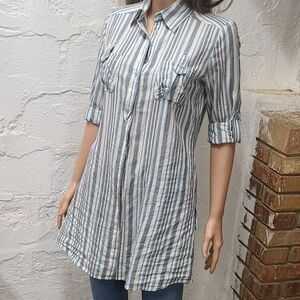 At Last Versatile Long Stripe Button Up Blouse